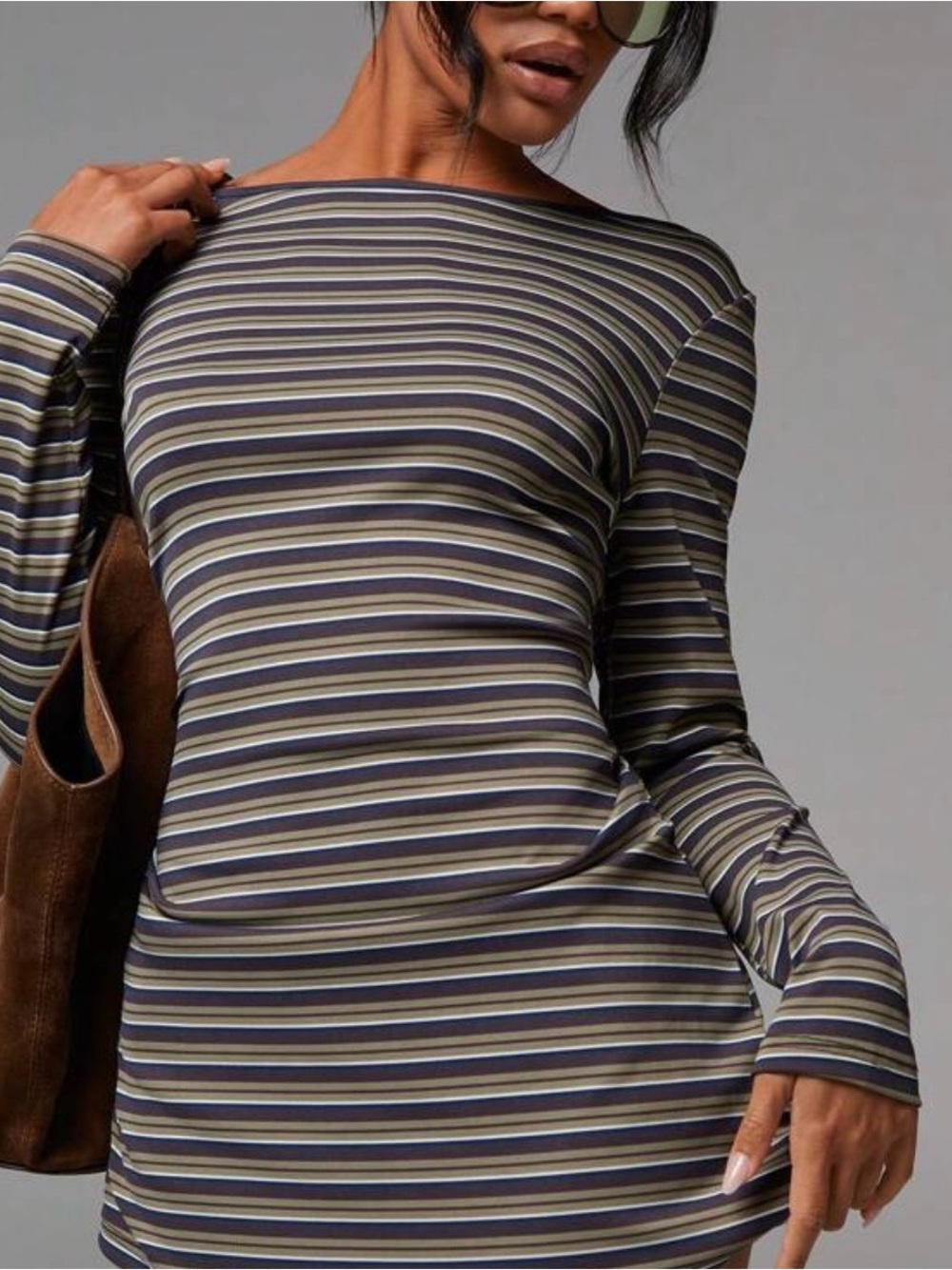 Striped Ribbed Dress in Olive, Brown and Cream